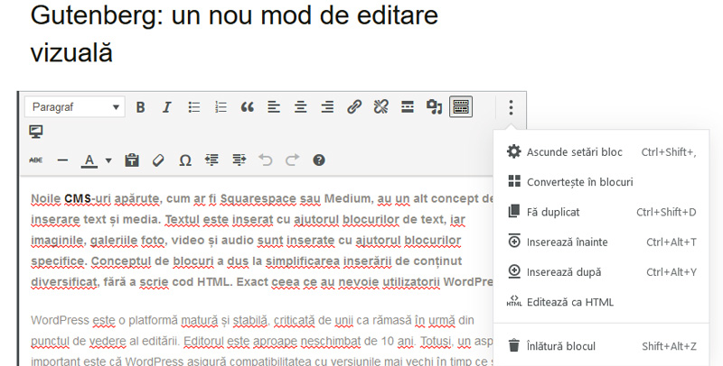 Convertirea în blocuri a conținutului din blocul clasic
